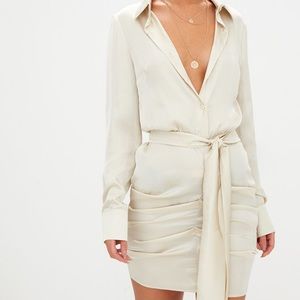 CHAMPAGNE SATIN RUCHED DRESS!